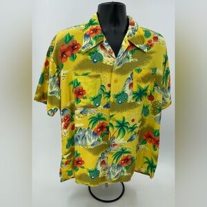 Andrew Lewis Vintage 70’s Yellow Hula Girls Volcano Hawaiian Shirt Mens Size XL
